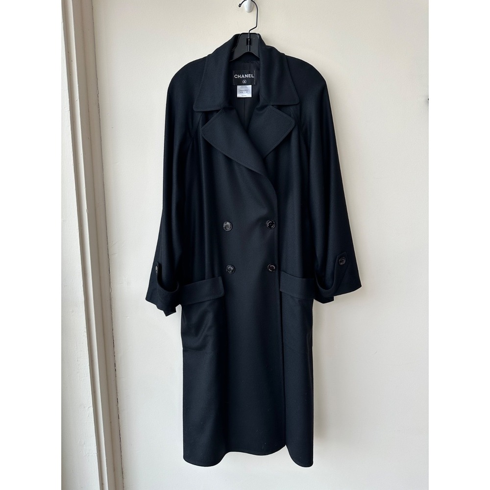Vintage Chanel Black Wool Double Breasted Long Trench Coat